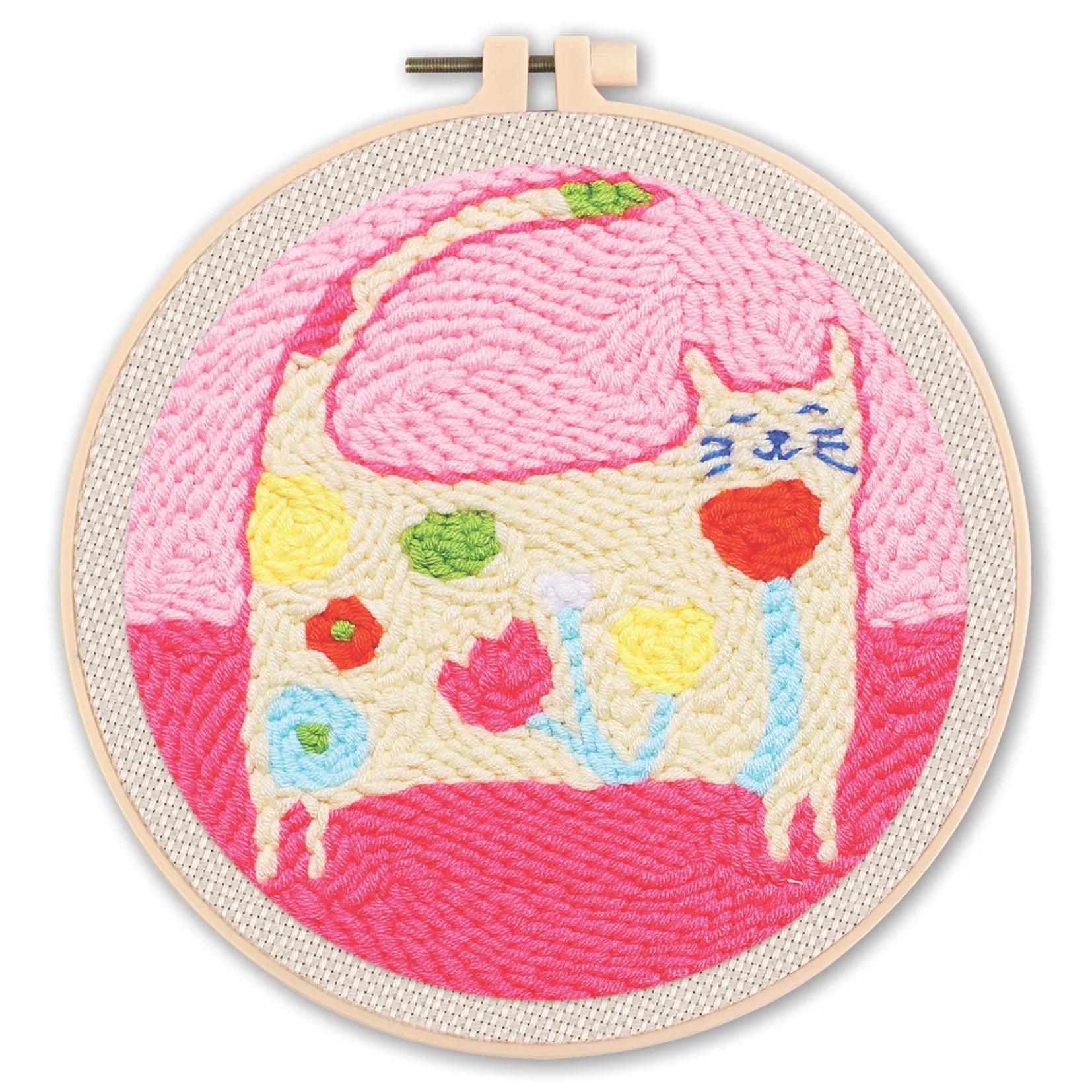 Punch needle embroidery kit with a cute, colorful cat design in a wooden hoop.