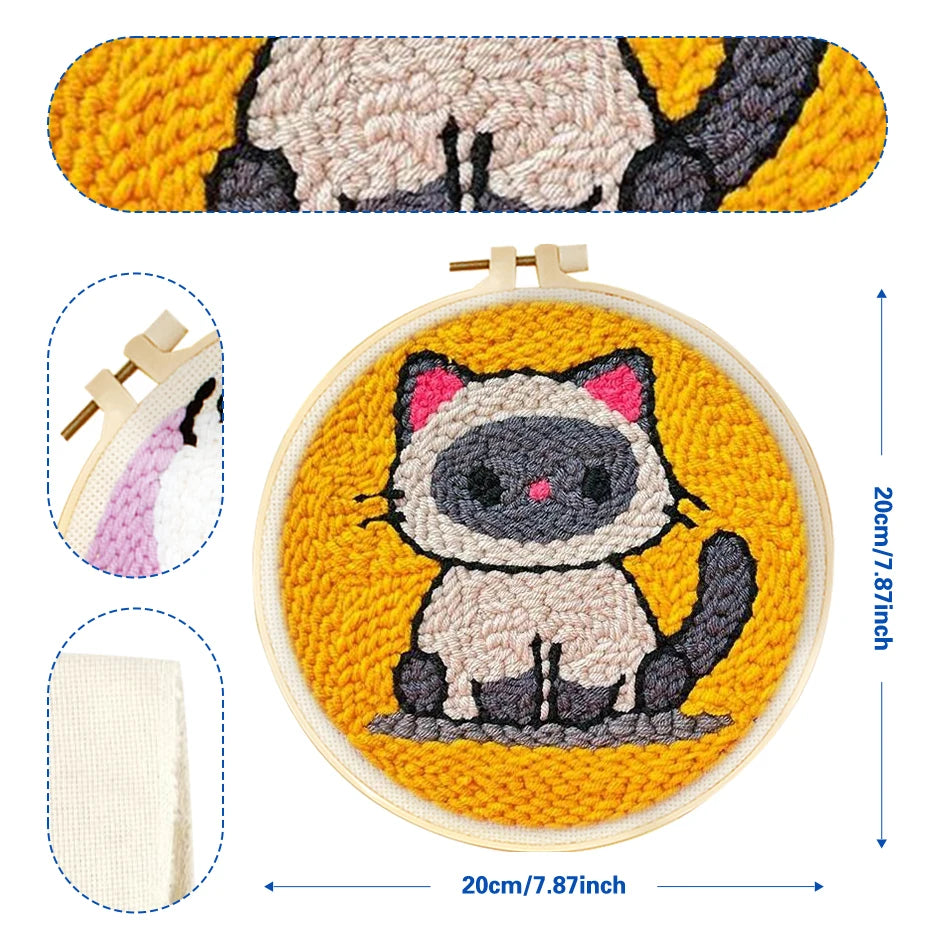 Punch needle embroidery kit with a cute Siamese cat design on a yellow background, in a 20cm wooden hoop.