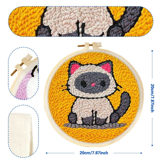 Punch needle embroidery kit with a cute Siamese cat design on a yellow background, in a 20cm wooden hoop.