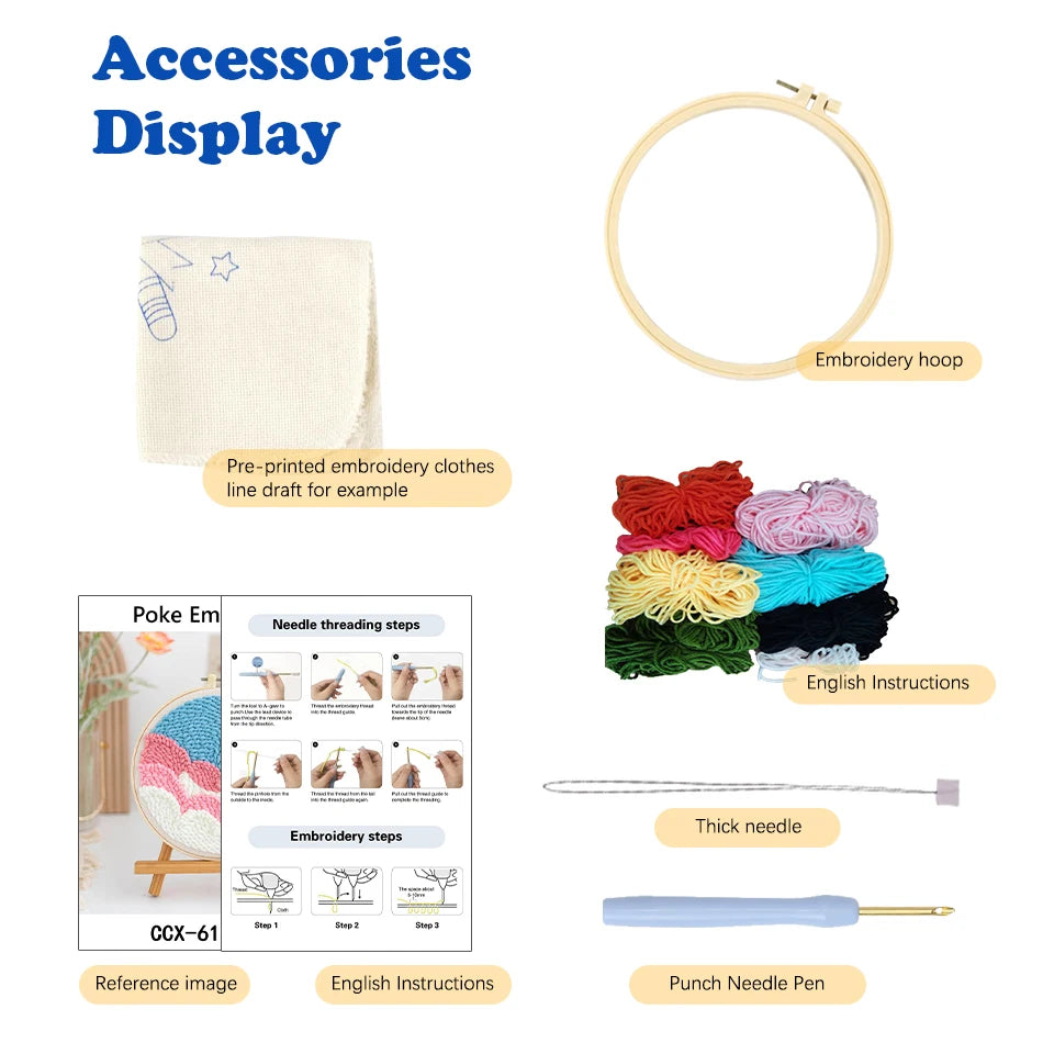 Punch needle embroidery kit with a wooden hoop, colorful yarn, pre-printed fabric, and instructions.