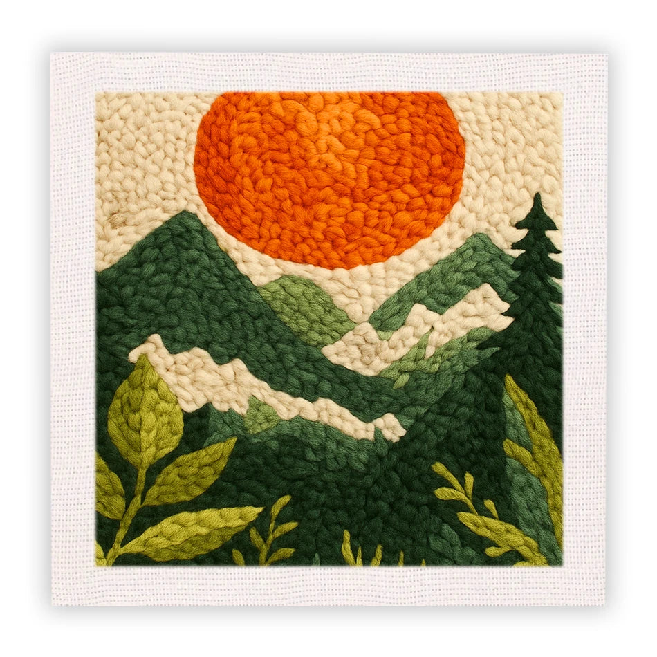 Punch needle embroidery kit featuring a sunset over green mountains and trees, framed in wood.