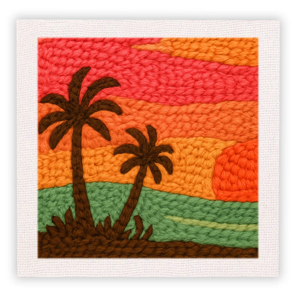 Punch needle art kit featuring a sunset beach scene with palm trees in warm orange, red, and green yarns.