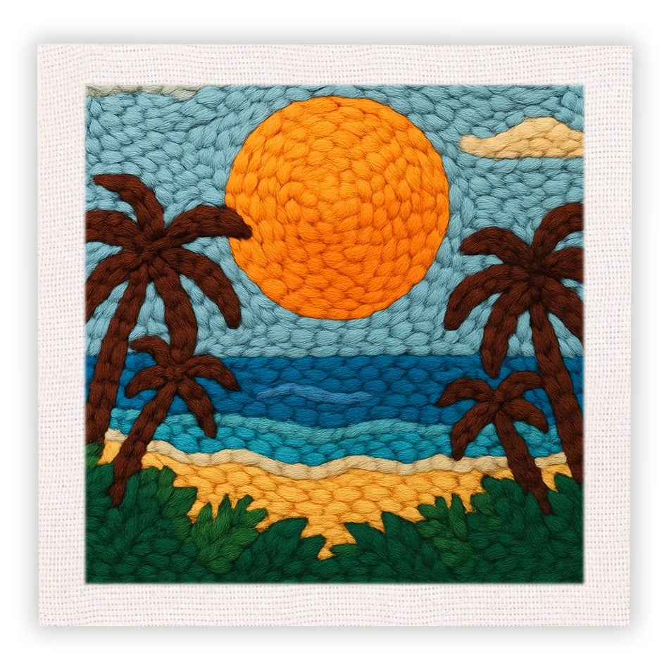 Punch needle art kit featuring a vibrant sunset beach scene with palm trees, ocean, and sand, framed in wood.