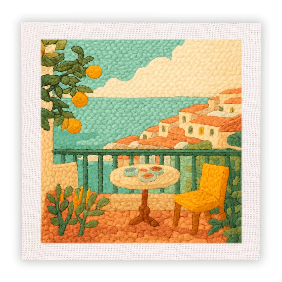 Punch needle embroidery kit with a Mediterranean balcony scene, orange tree, and sea view.