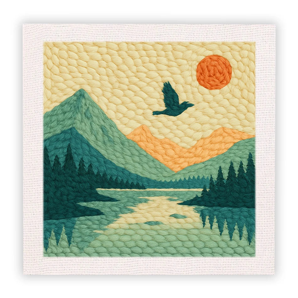 Punch needle art kit featuring a serene landscape with mountains, a lake, trees, a bird, and a sun.