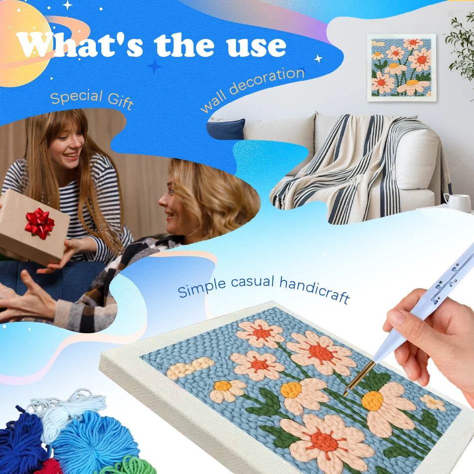Punch needle embroidery kit with a floral design on a wooden frame, colorful yarn, and a tool.