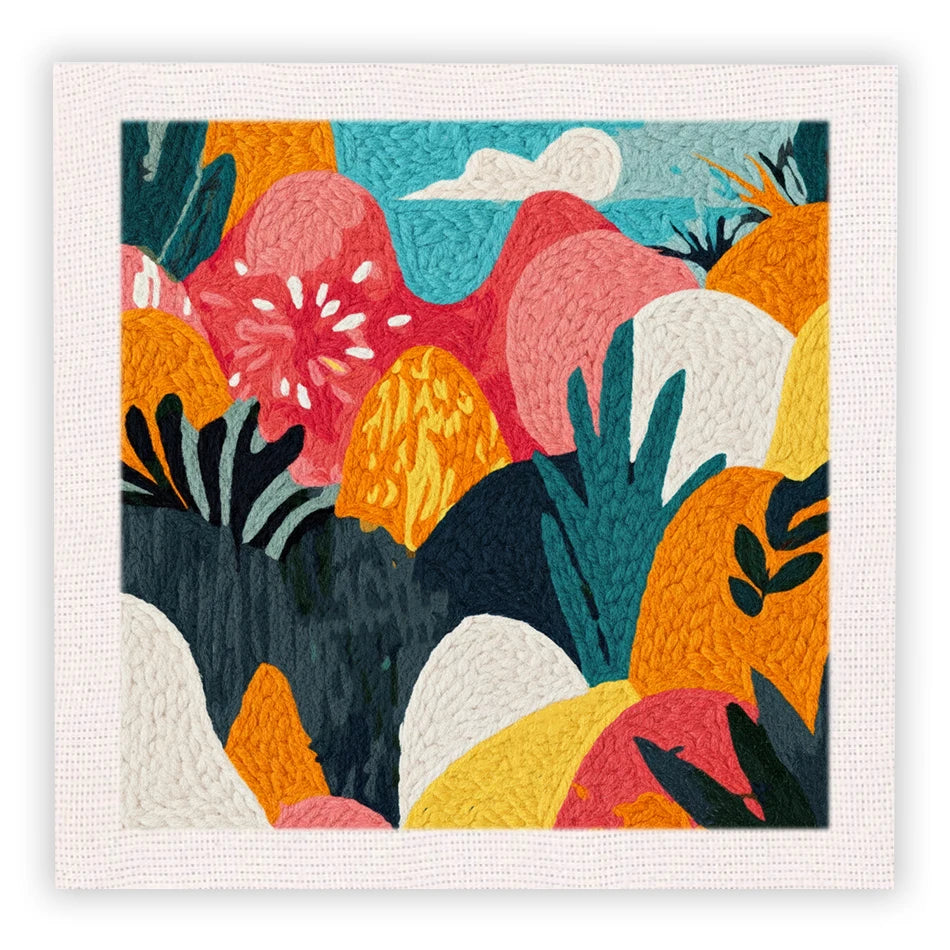 Colorful punch needle embroidery kit with abstract landscape design in a light wood frame.