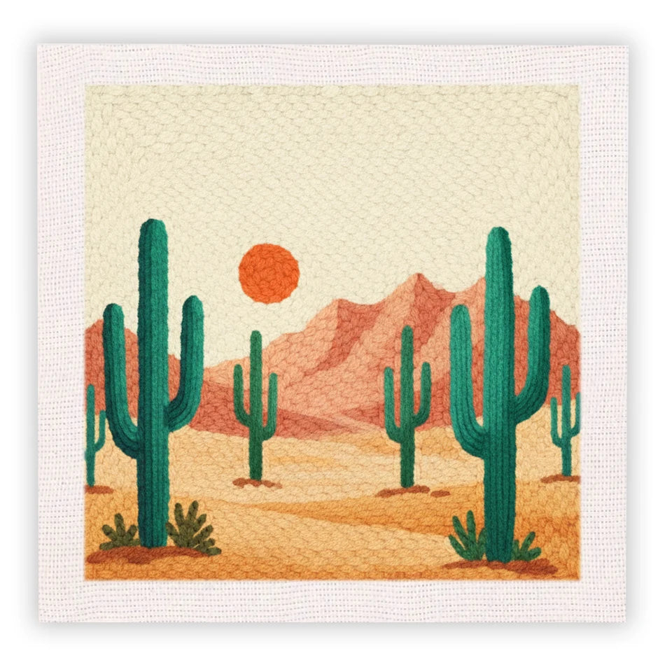 Punch needle art kit featuring a desert landscape with green cacti, orange sun, and peach mountains on a white fabric.