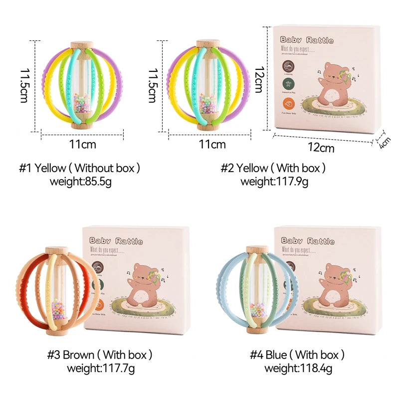 Colorful wooden rain drum rattle and silicone teether for babies, shown in yellow, brown, and blue variations.