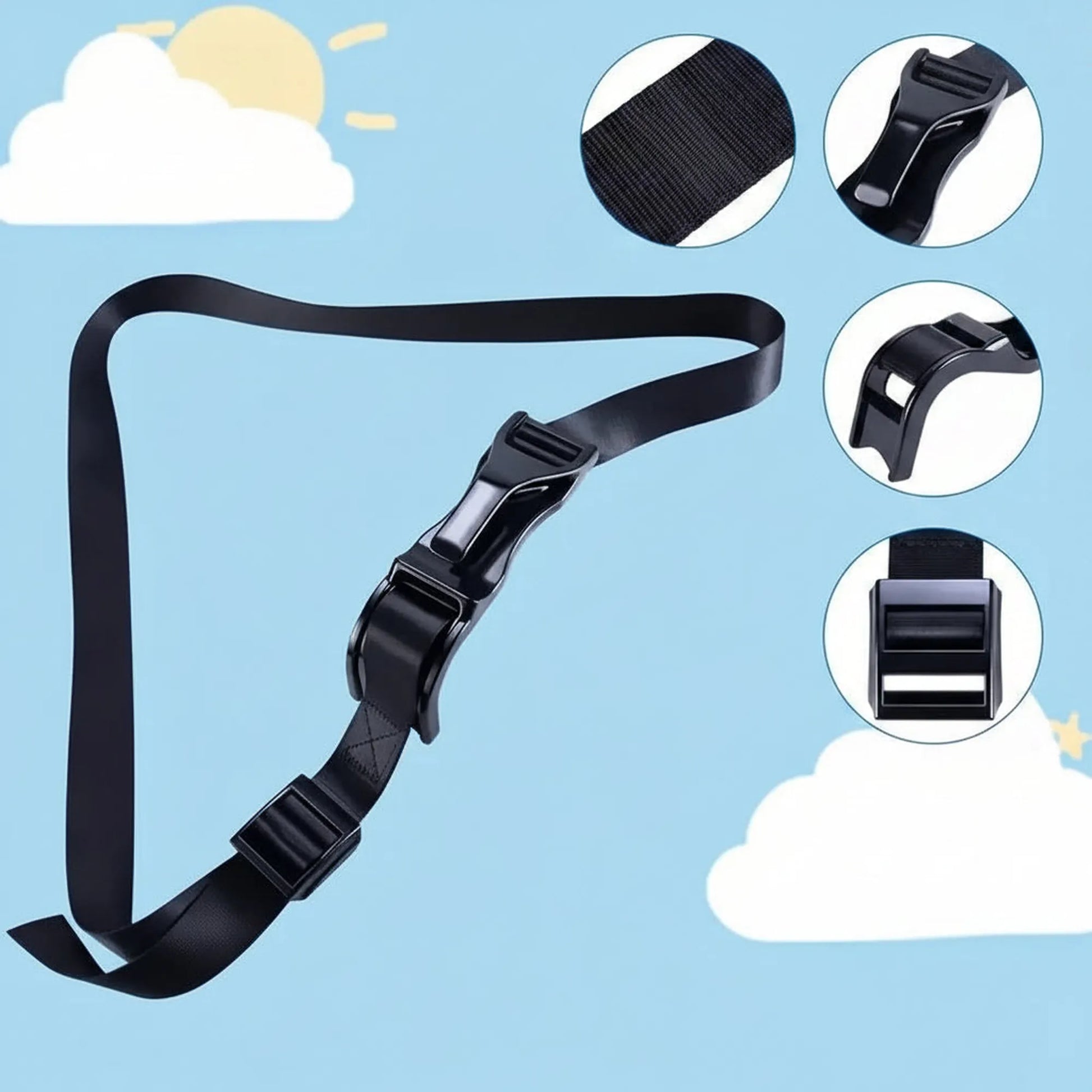 Black pregnancy seat belt adjuster with buckle and strap, shown with close-ups of the durable material and clips.
