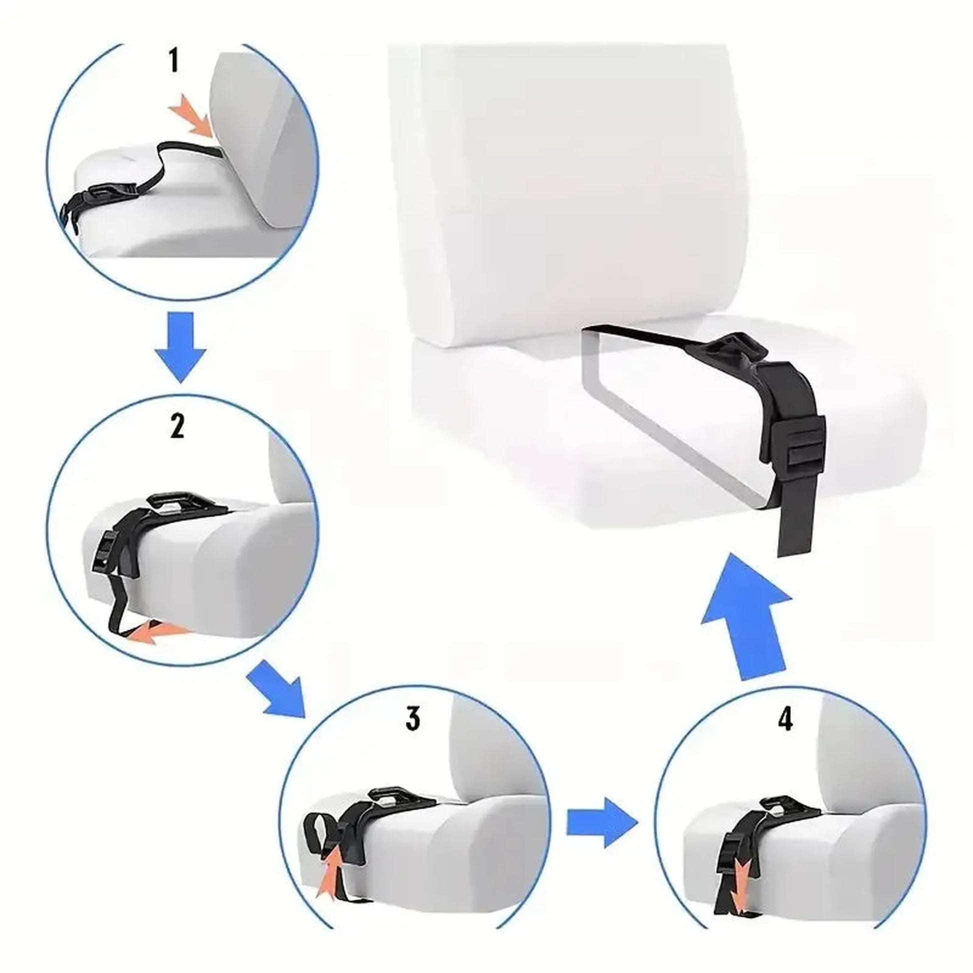 Black pregnancy seat belt adjuster shown in four steps on a white car seat for safe, comfortable driving.