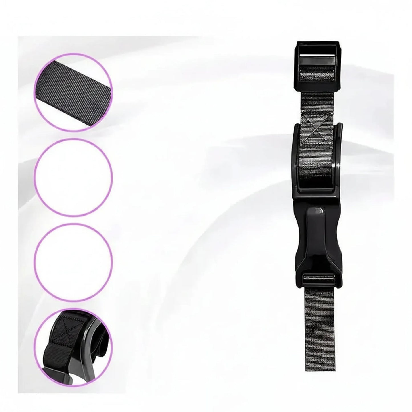 Black pregnancy seat belt adjuster with textured strap and buckle, shown with close-ups of fabric and attachment.