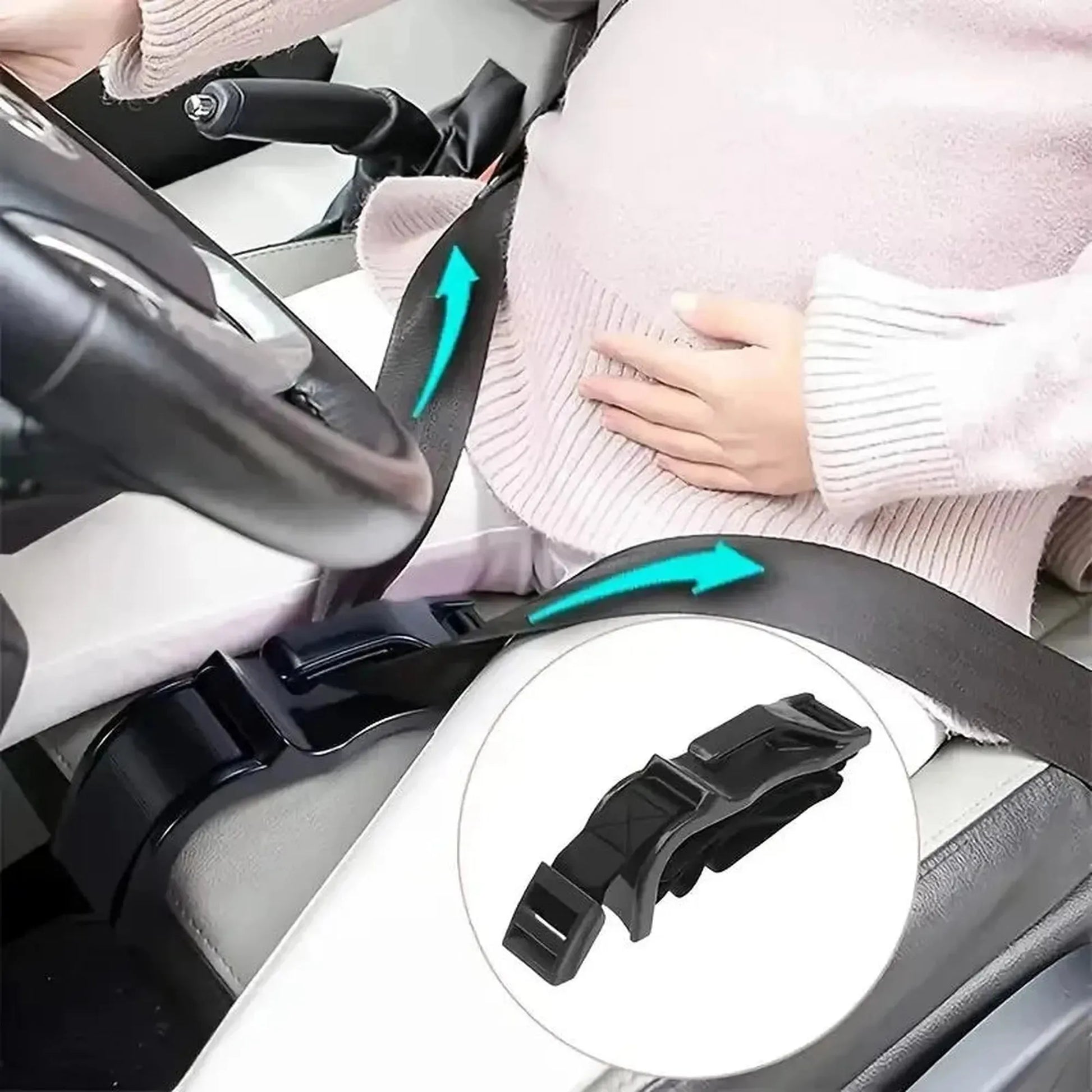 Pregnant woman using a black car seat belt adjuster for belly comfort, with a close-up of the device.