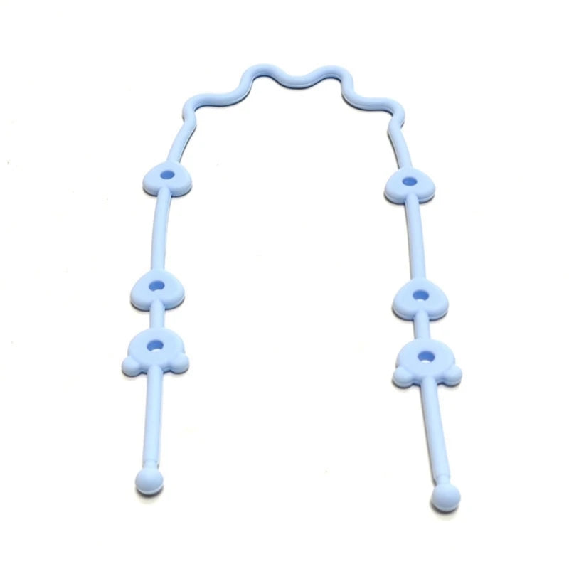 Light blue silicone adjustable pacifier and bottle strap with heart-shaped connectors.