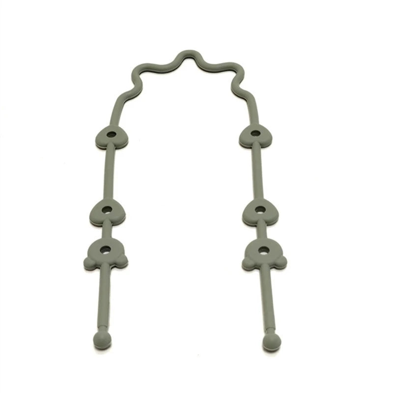 Adjustable gray silicone pacifier and bottle strap with heart-shaped connectors.