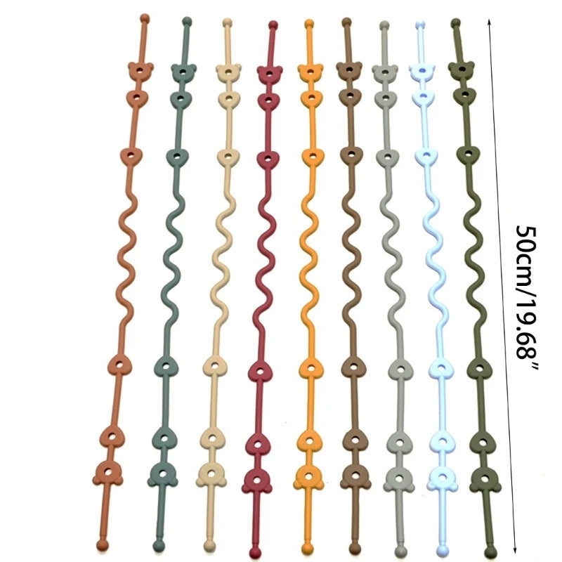 Colorful silicone pacifier and bottle straps, adjustable, wavy design, shown in various earthy and pastel tones.