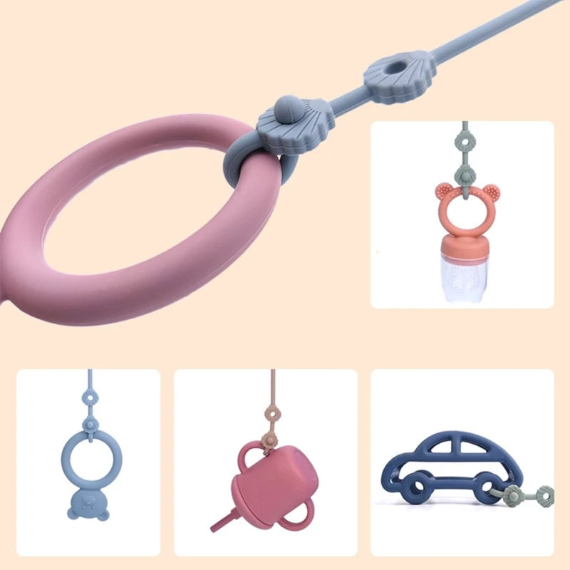 Adjustable pink and gray silicone pacifier and bottle strap with various attachments.