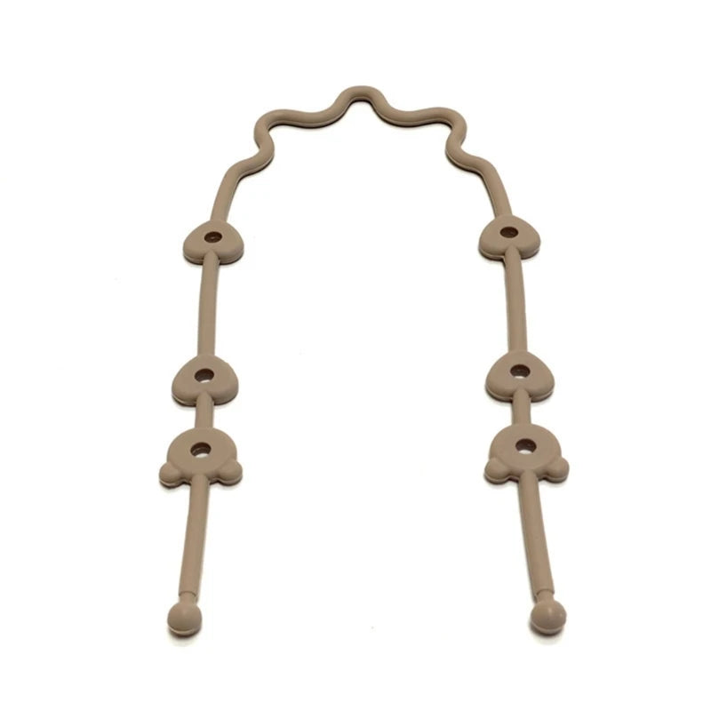 Adjustable beige silicone pacifier and bottle strap with heart-shaped connectors.