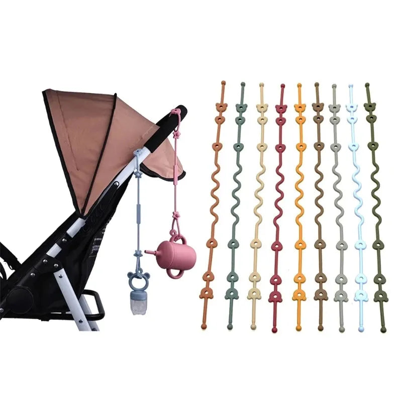 Colorful silicone universal pacifier and bottle straps, adjustable for strollers and high chairs.