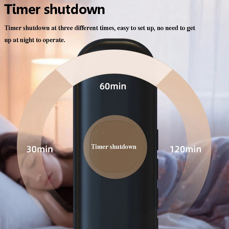 Black sleep aid speaker with timer shutdown options (30, 60, 120 min) for restful sleep.