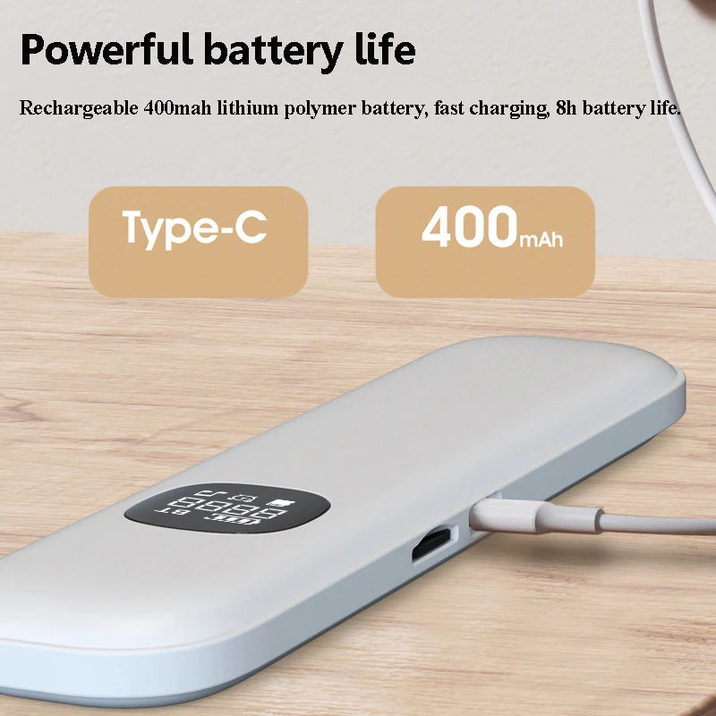 Sleek white sleep aid speaker with Type-C charging, 400mAh battery, and digital display.