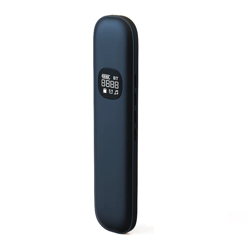 Slim dark blue sleep aid speaker with digital display, Bluetooth, and music icons.