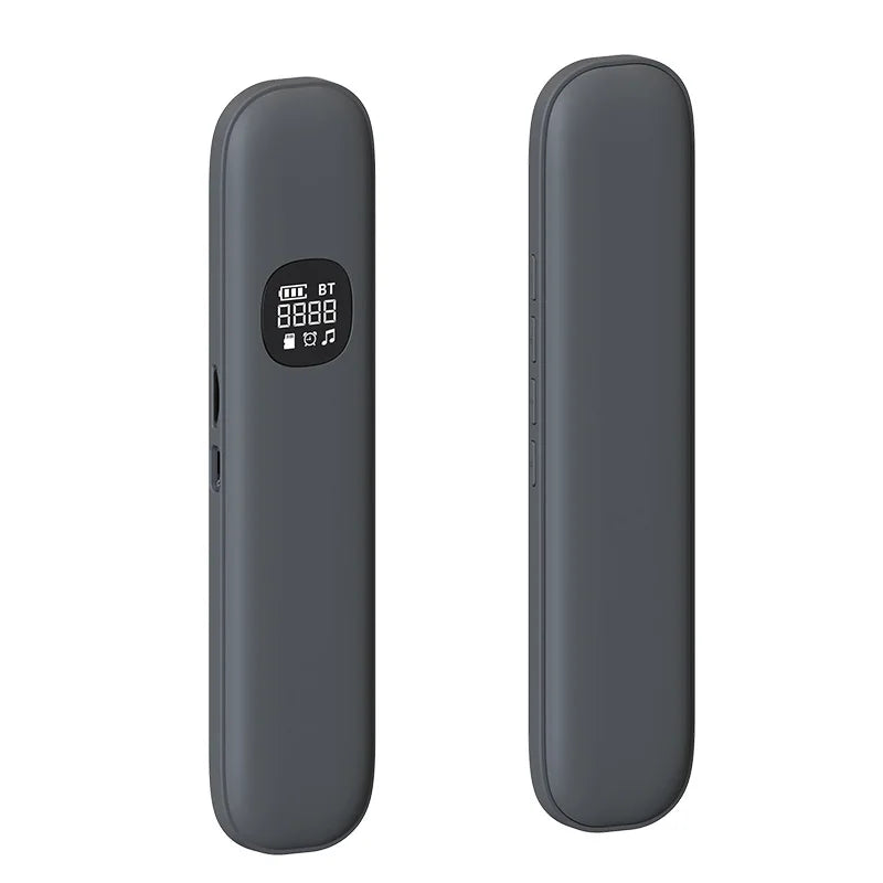 Slim dark gray Bluetooth sleep aid speaker with digital display and side buttons.