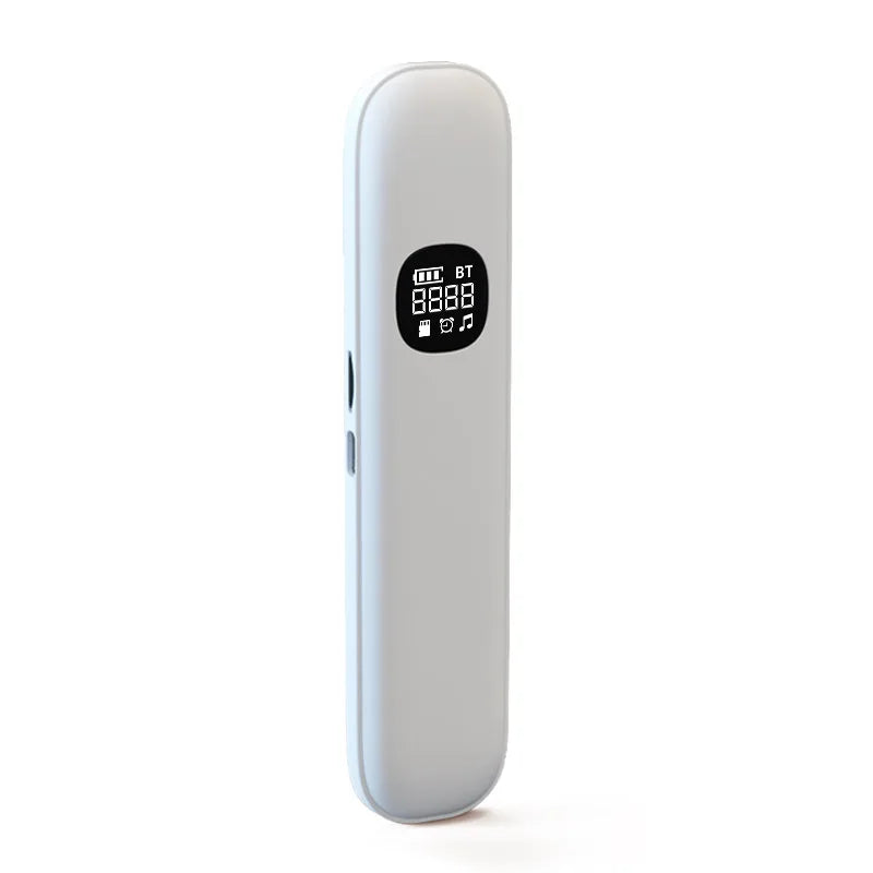 Slim white plastic sleep aid speaker with digital display, Bluetooth, and music icon.
