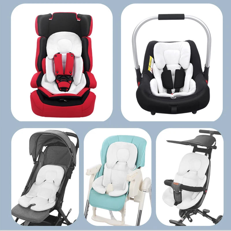 White universal reversible baby stroller and car seat cushion shown in various baby gear.
