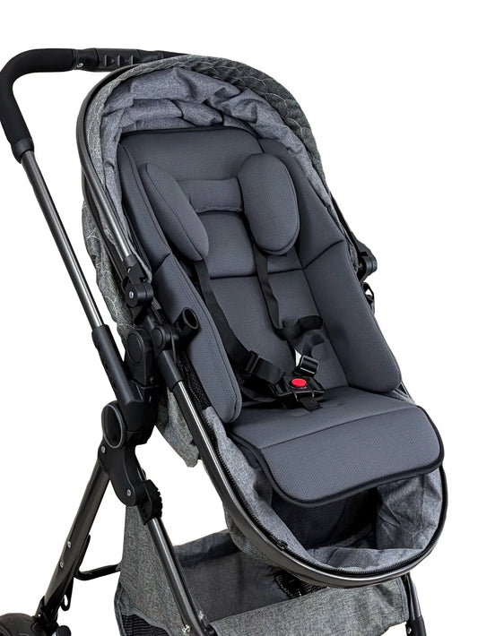 Universal gray padded stroller liner with head support and safety harness.