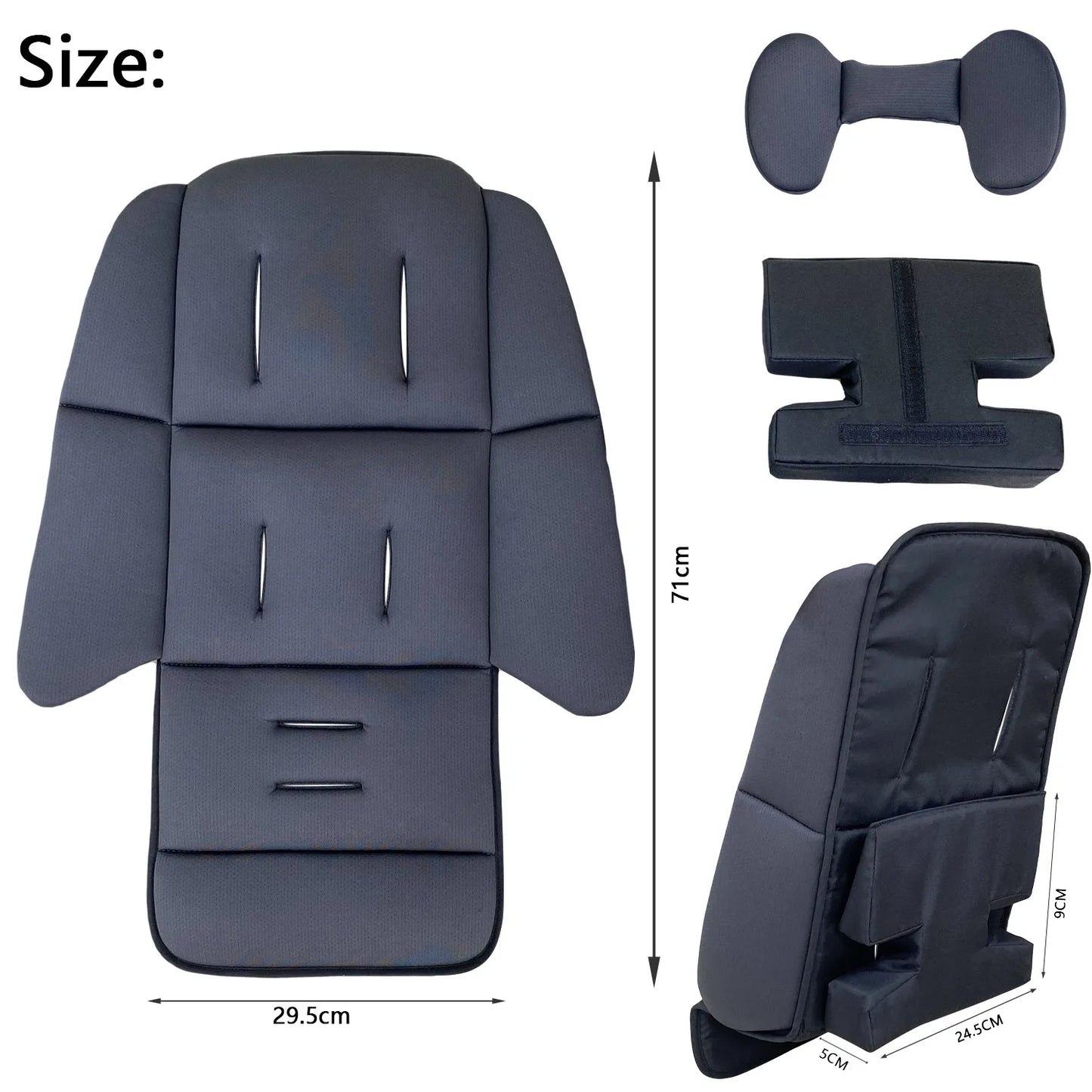 Dark gray universal stroller cushion with head support and crotch pad, showing dimensions.