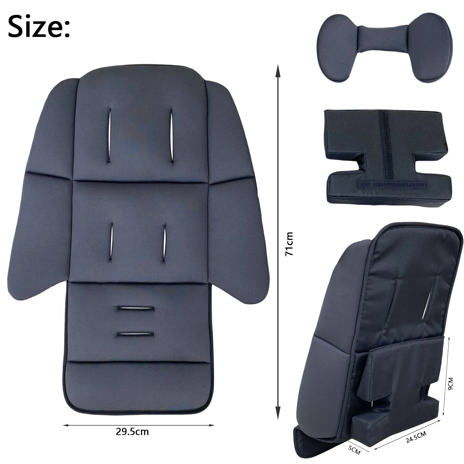 Dark gray universal stroller cushion with head support and crotch pad, showing dimensions.
