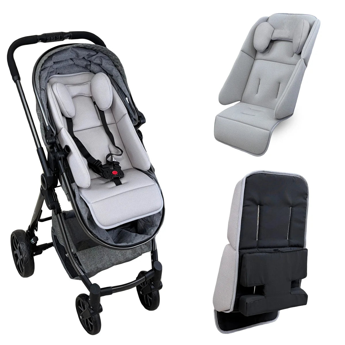 Gray universal breathable stroller liner with head support, shown installed and separately.