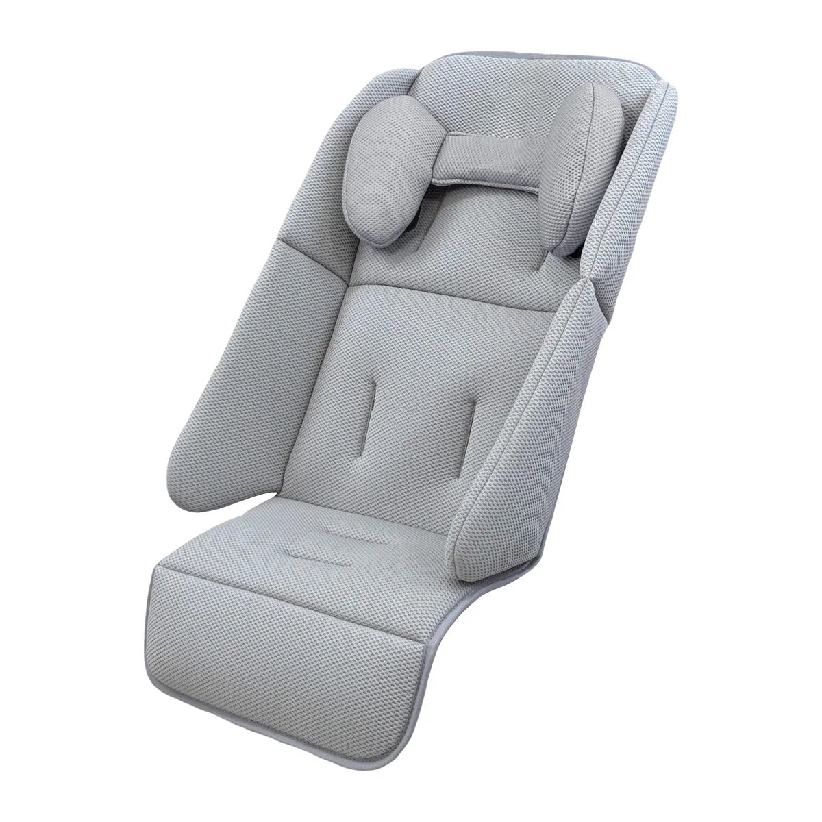 Light gray universal stroller liner with soft, breathable fabric and ergonomic head and body support.