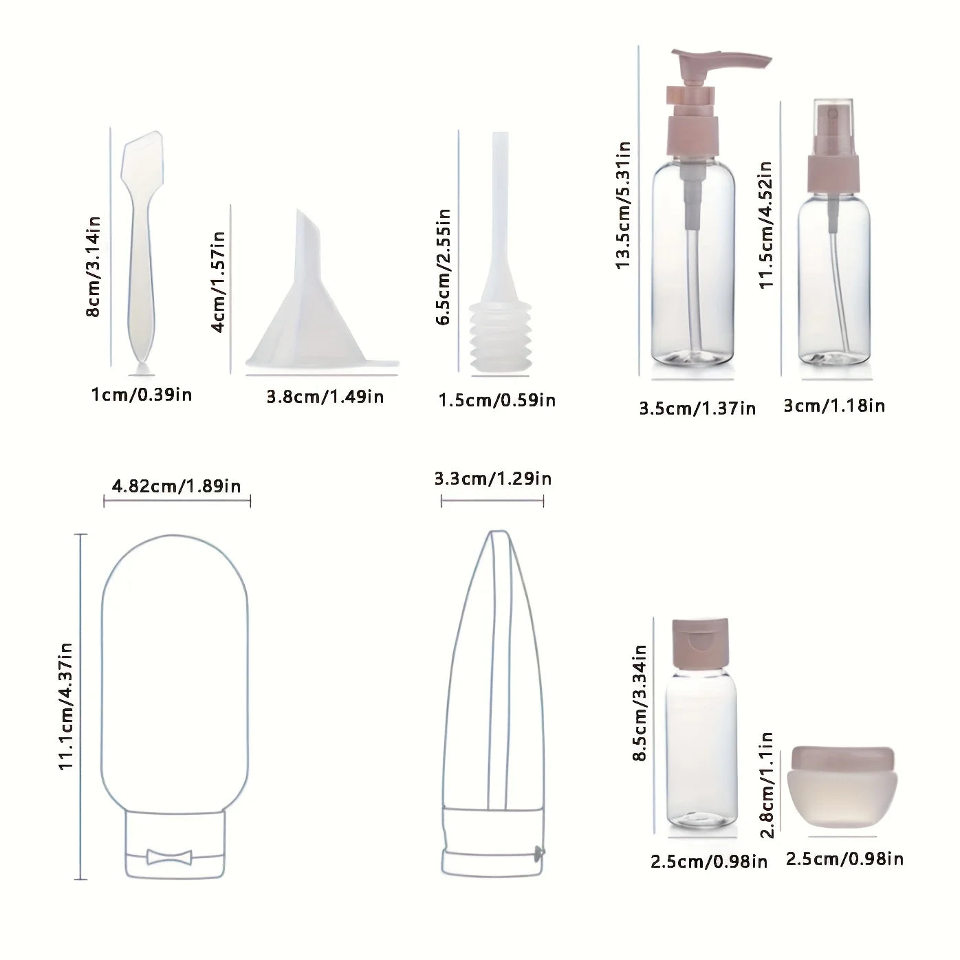 11-piece refillable travel bottle set with pump, spray, and squeeze bottles, funnel, spatula, and storage bag.
