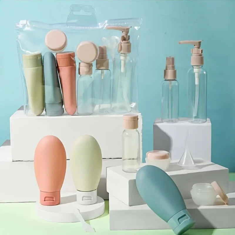 11-piece reusable travel bottle set with clear bag, featuring pastel silicone and clear plastic containers.