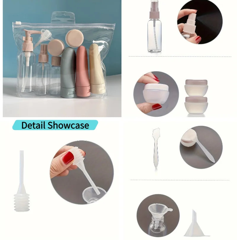 11-piece reusable travel bottle set in a clear bag, including spray bottles, cream jars, and tools.