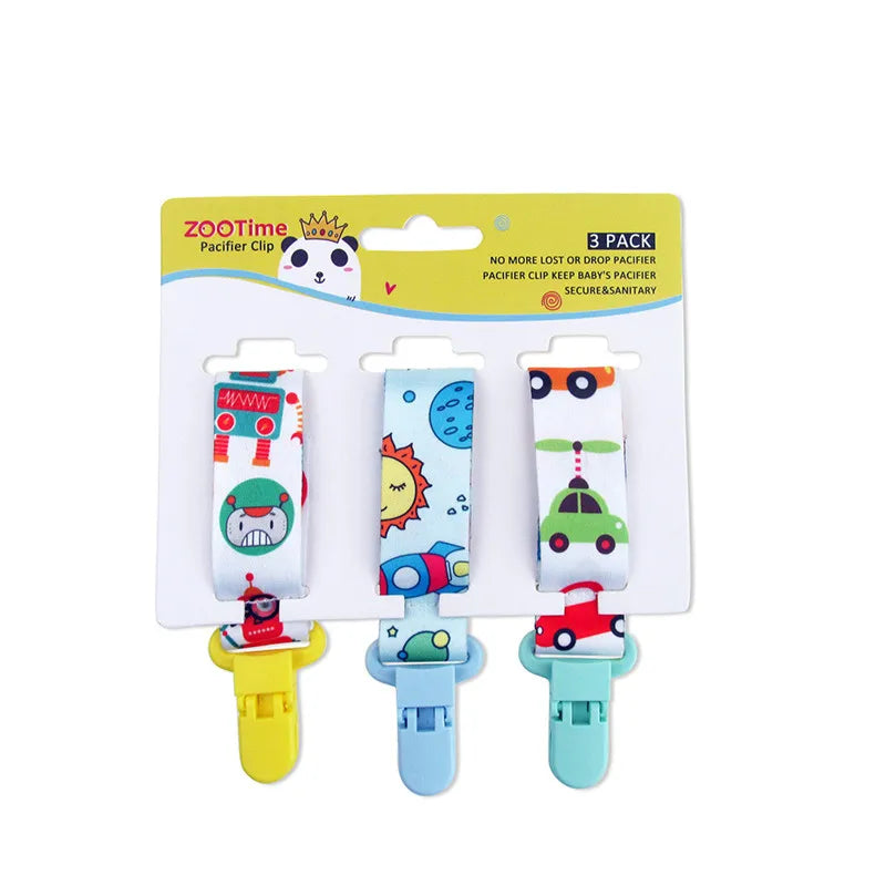 3-pack baby pacifier clips with colorful cartoon designs and plastic clasps.