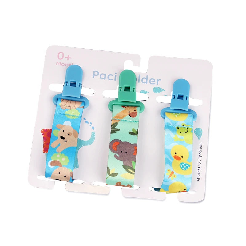 Set of 3 polyester pacifier clips with blue and green plastic clasps, featuring cute animal prints.