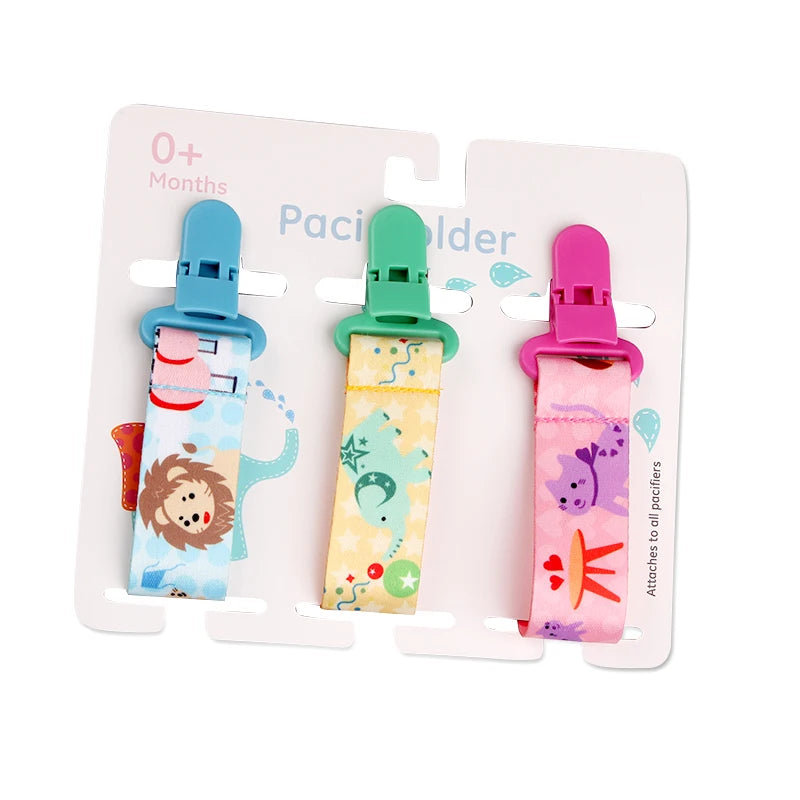 Set of 3 colorful baby pacifier clips with plastic clasps and cute animal patterns.