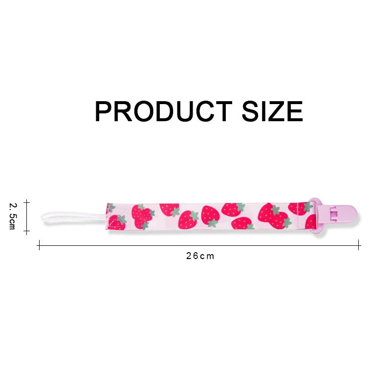 Pink polyester pacifier clip with strawberry print, 26cm long, 2.5cm wide, and plastic clasp.