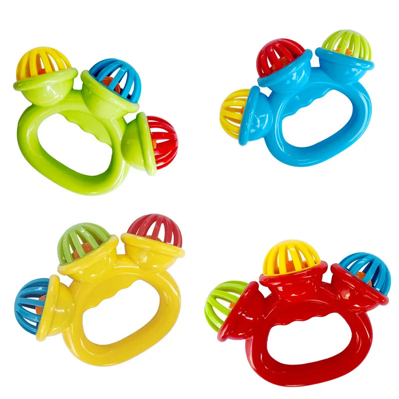 Set of 4 colorful plastic baby rattles with ergonomic handles and three bell-shaped spheres.