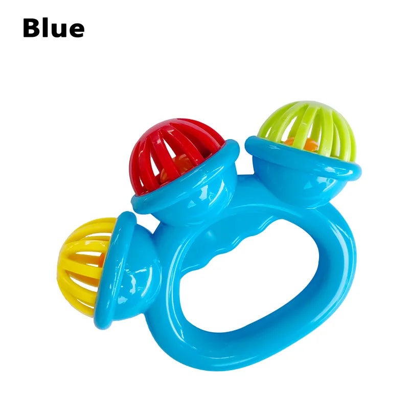 Blue baby rattle with three colorful, caged balls in red, yellow, and green.