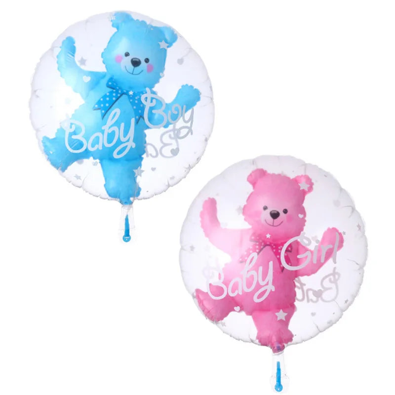 Two clear round foil balloons with internal blue "Baby Boy" and pink "Baby Girl" teddy bears.