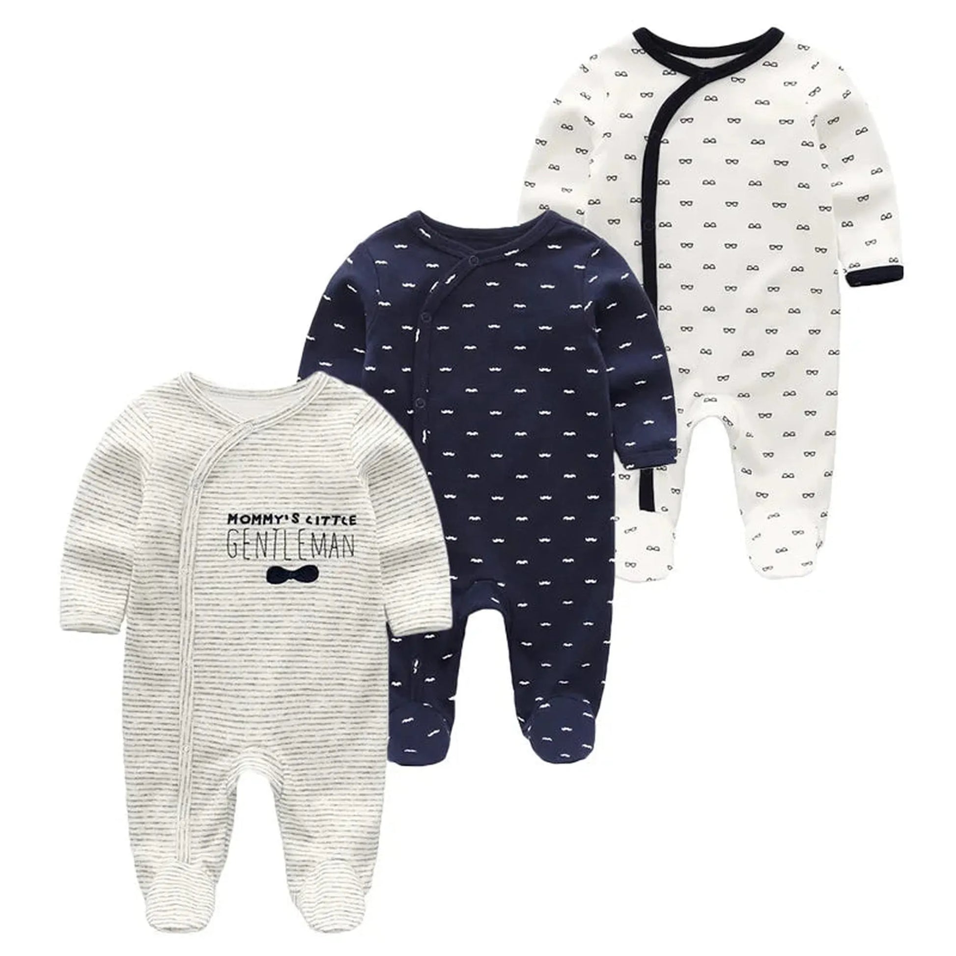Three long-sleeve cotton baby rompers: white with glasses, navy with mustaches, and striped with "Mommy's Little Gentleman.