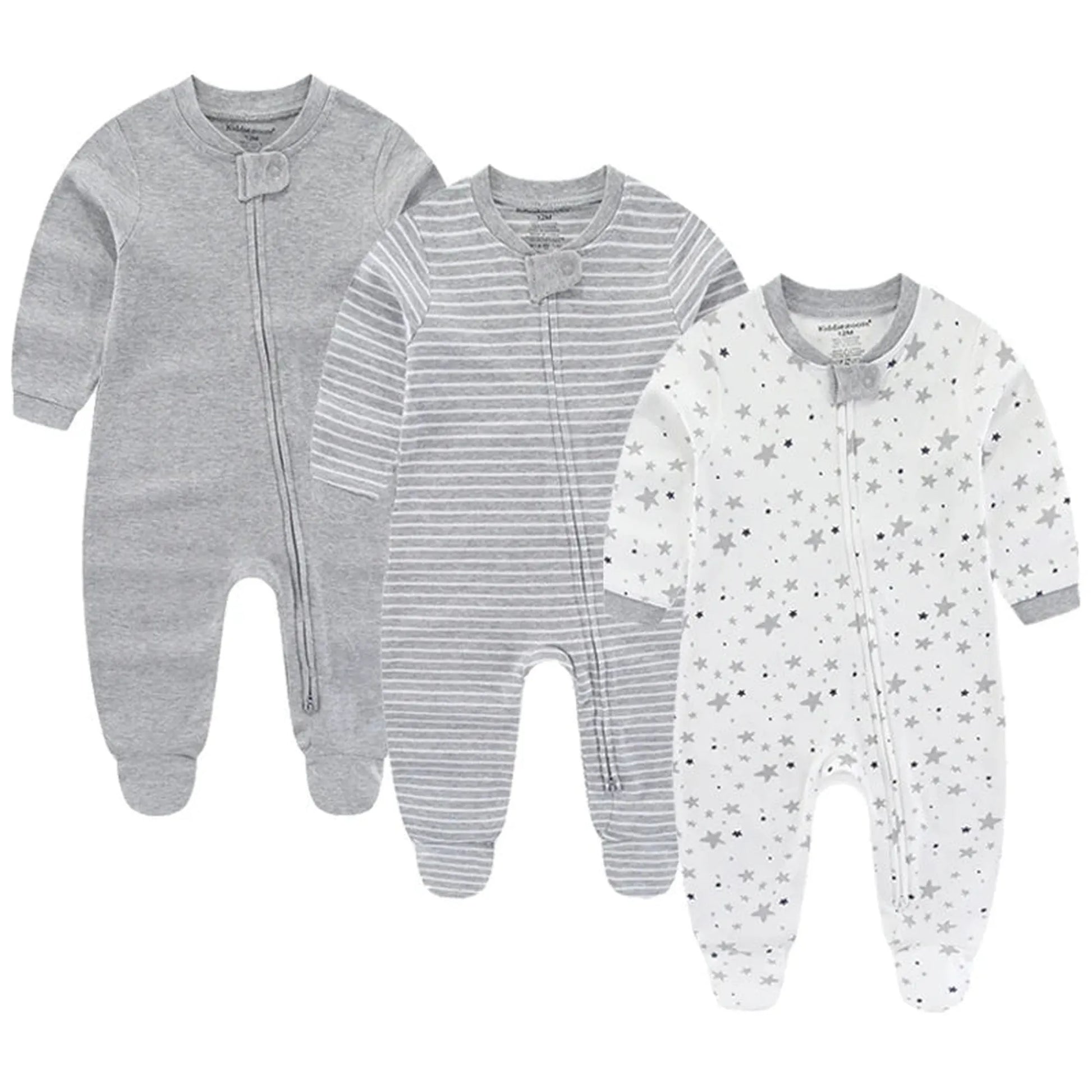 Three long-sleeve cotton baby rompers: solid gray, gray stripes, and white with gray stars.