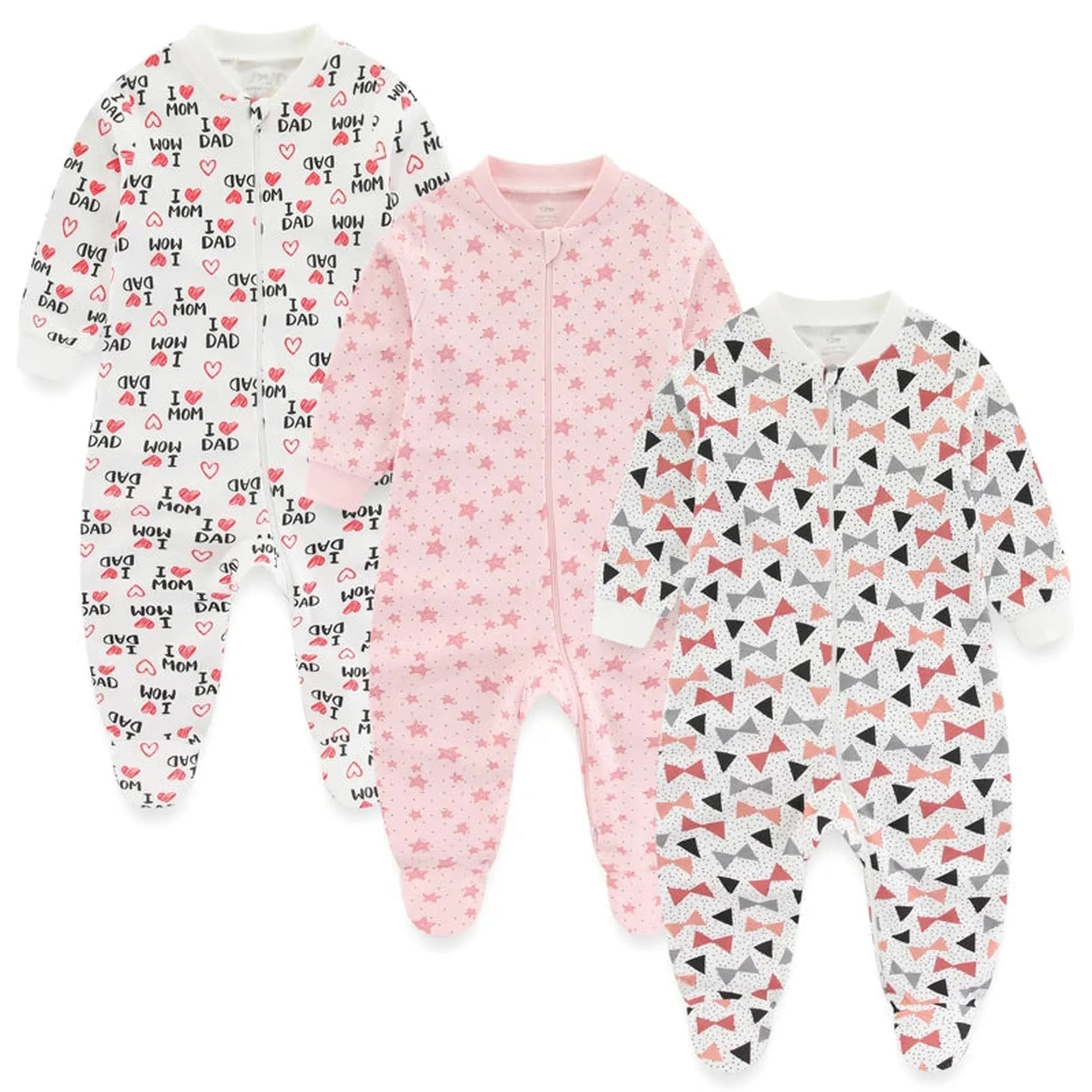 Three cotton baby rompers: white with "I love Mom/Dad" print, pink with stars, and white with colorful bow ties.