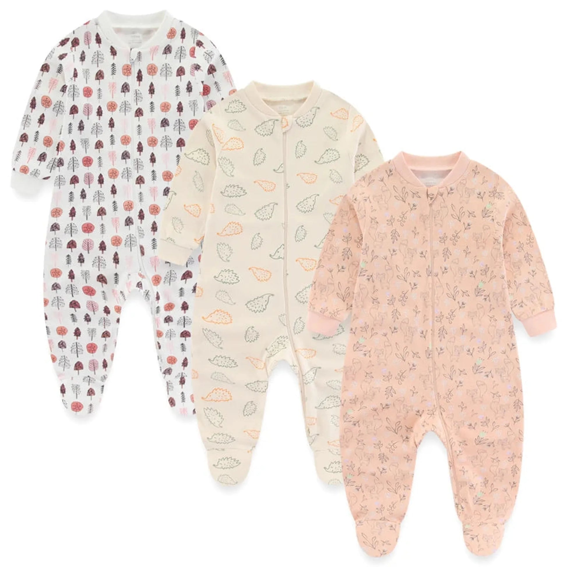 Three long-sleeve cotton baby rompers: white with trees, cream with leaves, and pink with deer.