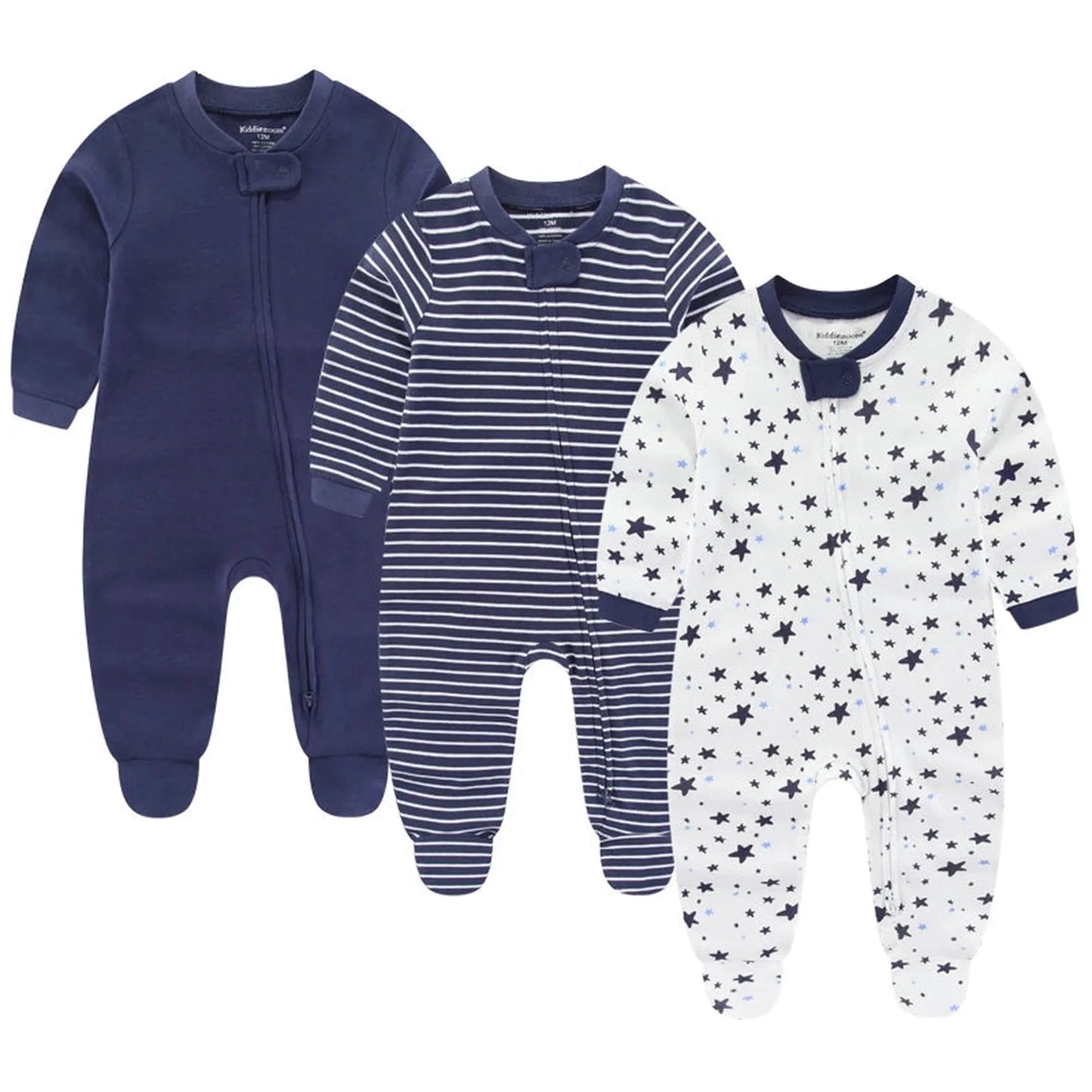 Three long-sleeve cotton baby rompers: solid navy, navy and white stripes, and white with navy stars.