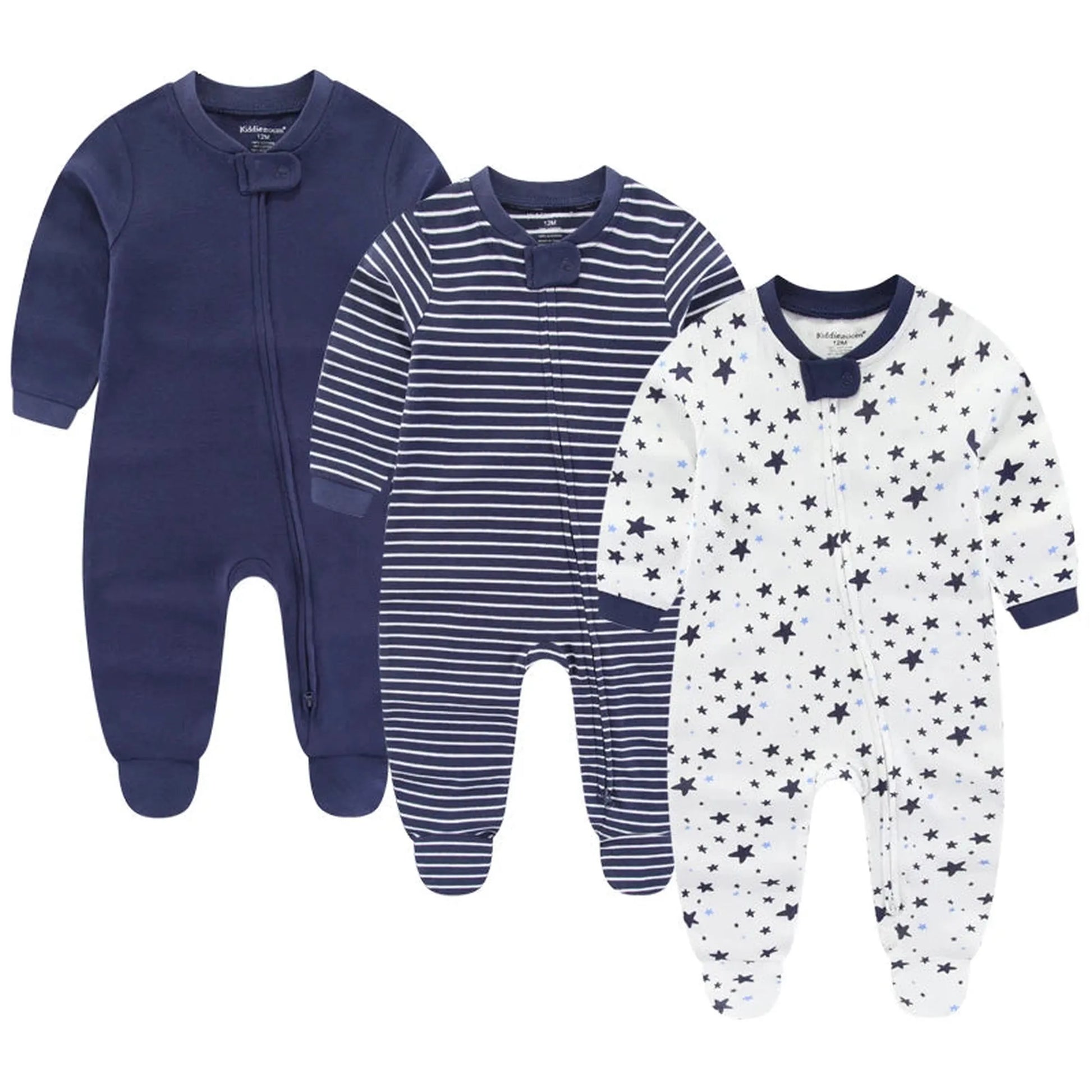 Three long-sleeve cotton baby rompers: solid navy, navy and white stripes, and white with navy stars.